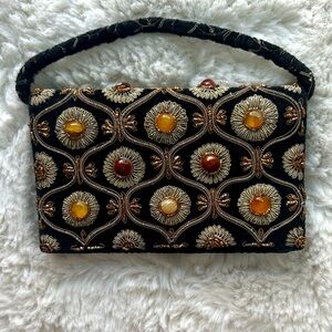 Vintage India gemstone Chic Black and Gold Embroidered Clutch